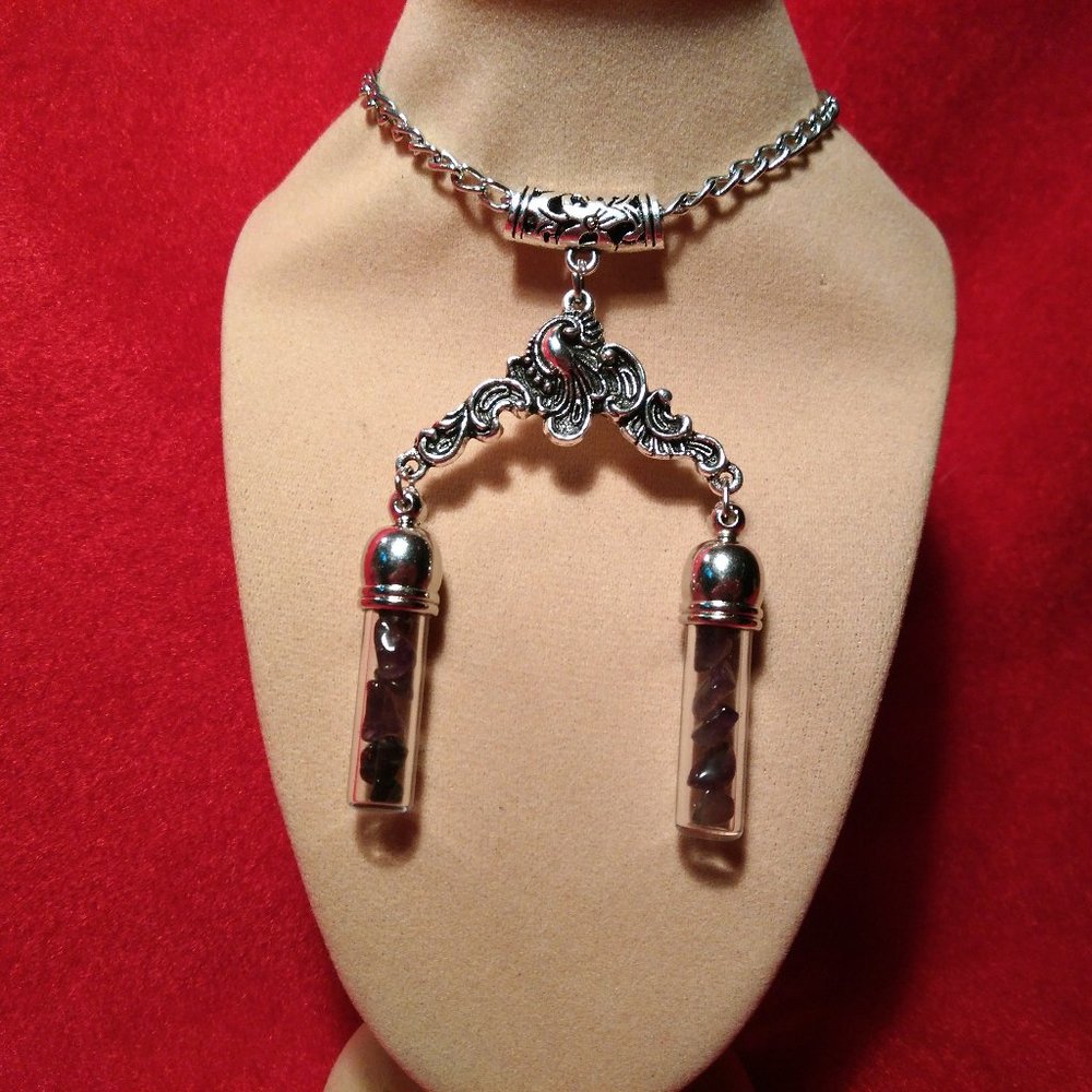 Tibetan Silver Necklace with Dark Amethyst in Double Vials